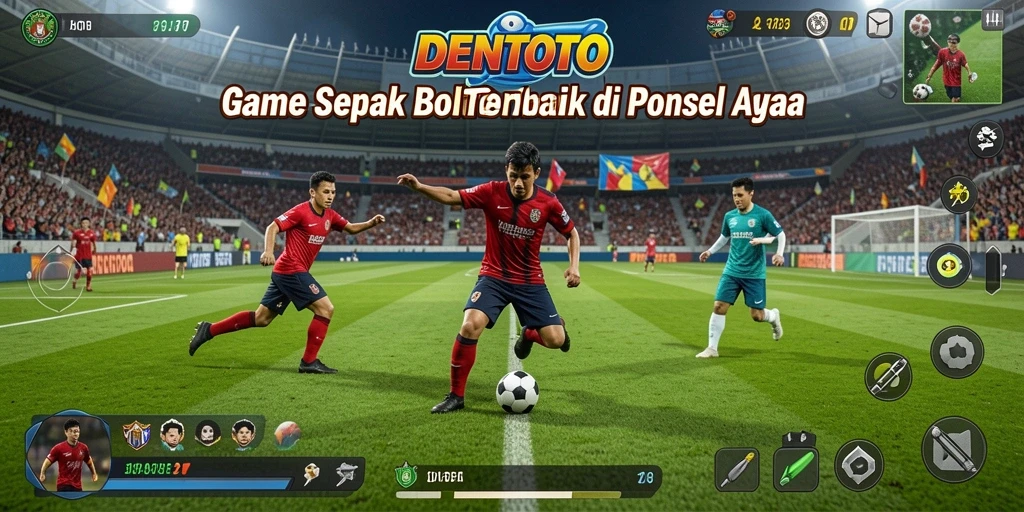 Tampilan gameplay DENTOTO dengan aksi sepak bola yang seru.