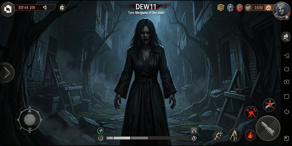 Screenshot utama DEWI11 menampilkan pengalaman gameplay penuh ketegangan dan kengerian.