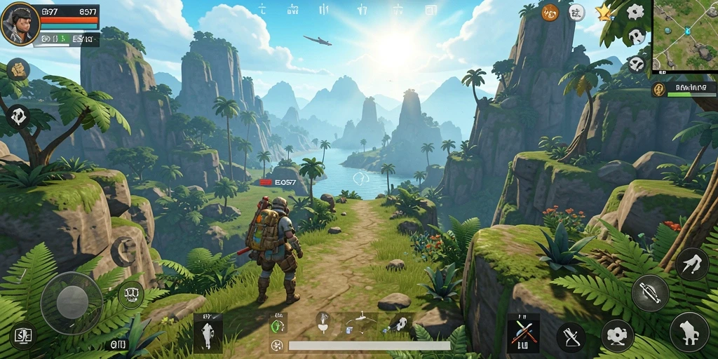 Screenshot gameplay EOS77 menunjukkan eksplorasi dunia terbuka yang luas.