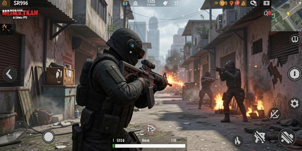 Tampilan screenshot SR996 yang menampilkan aksi pertempuran FPS yang mendebarkan.