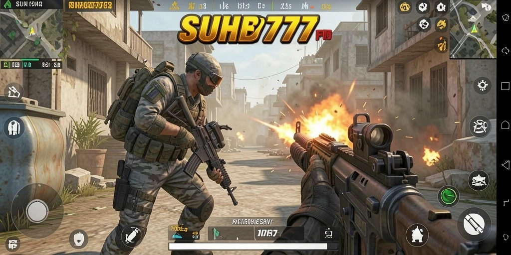 Tampilan gameplay seru di SUHU777 dengan pertarungan FPS yang intens.